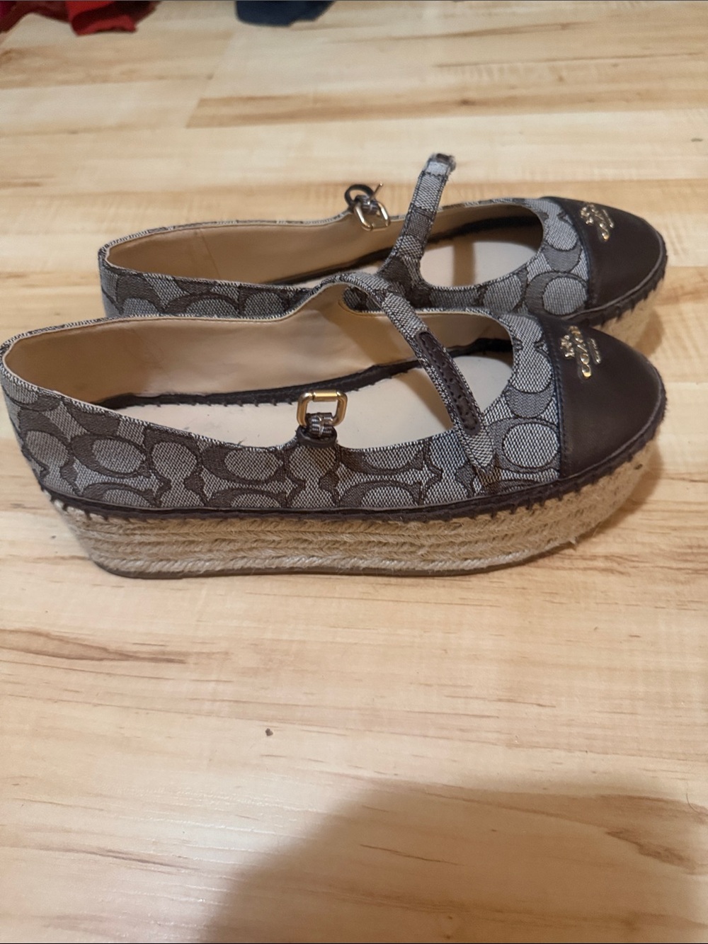 Coach Gray Signature Canvas Espadrille Platform Mary Jane